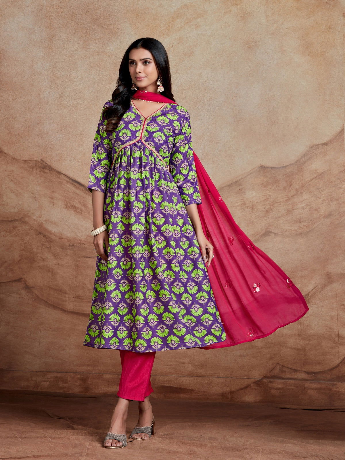 Youthnic - Musline Printed and Embroidered Work Alia Cut and Naira Cut Kurta Pant and Dupatta Set