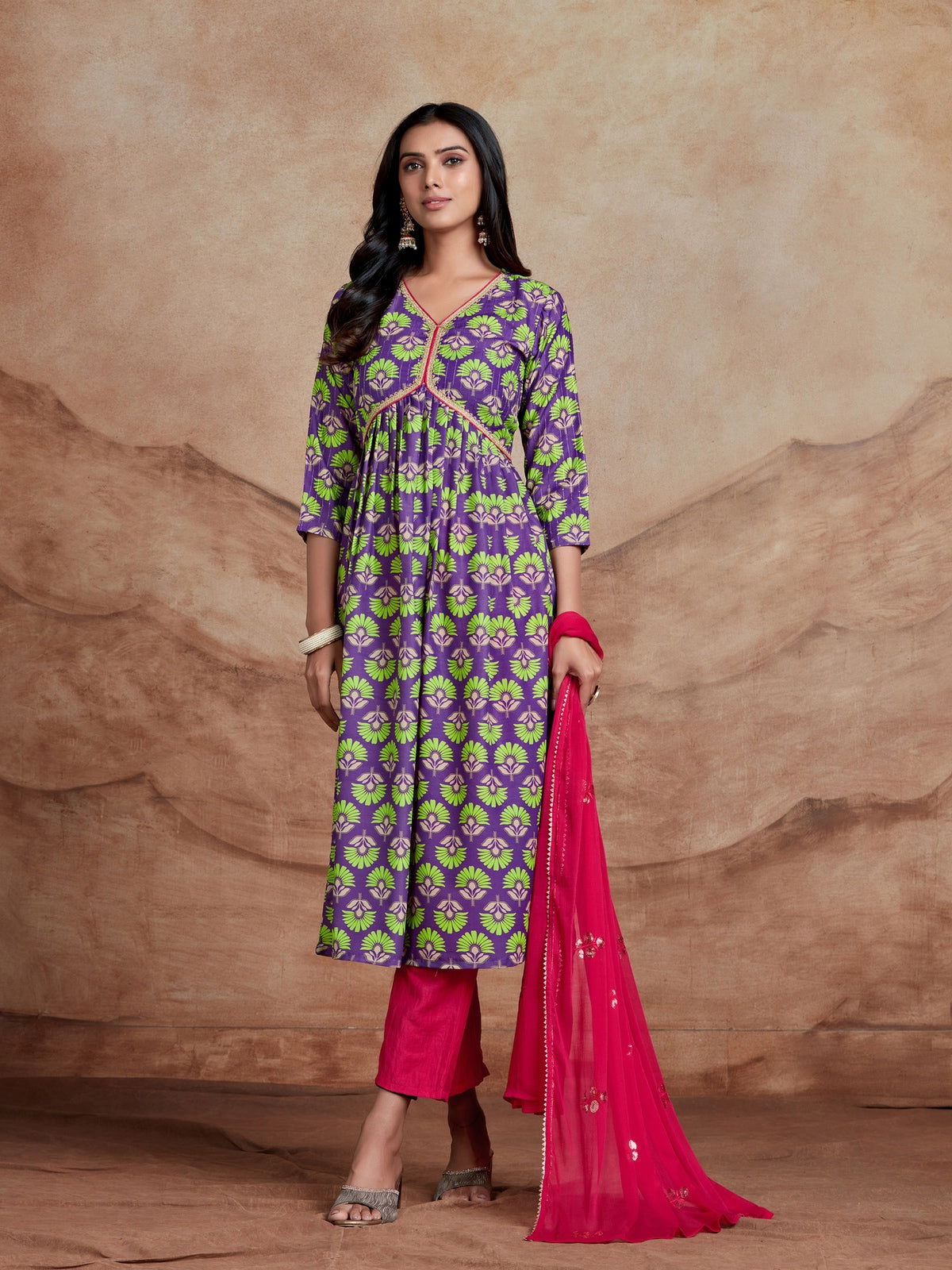 Youthnic - Musline Printed and Embroidered Work Alia Cut and Naira Cut Kurta Pant and Dupatta Set