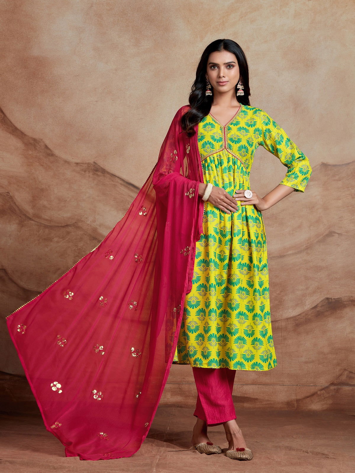 Youthnic - Musline Printed and Embroidered Work Alia Cut and Naira Cut Kurta Pant and Dupatta Set
