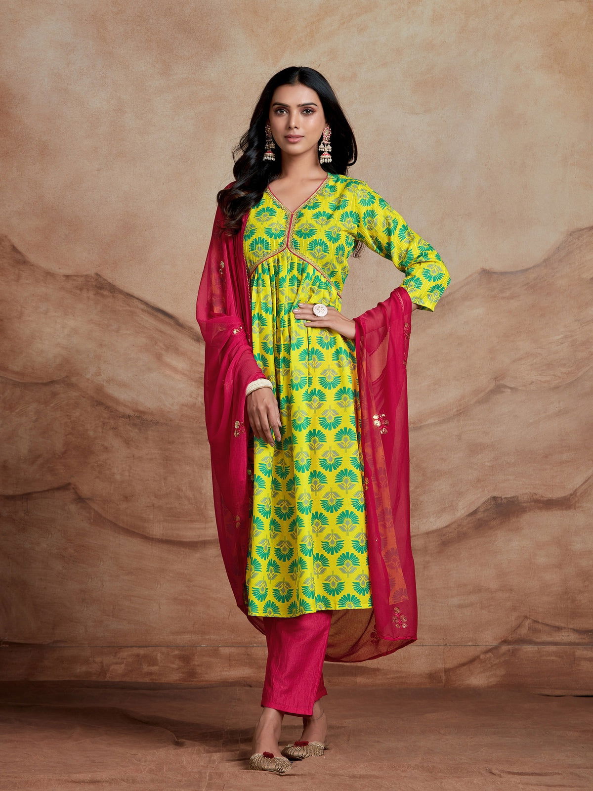 Youthnic - Musline Printed and Embroidered Work Alia Cut and Naira Cut Kurta Pant and Dupatta Set