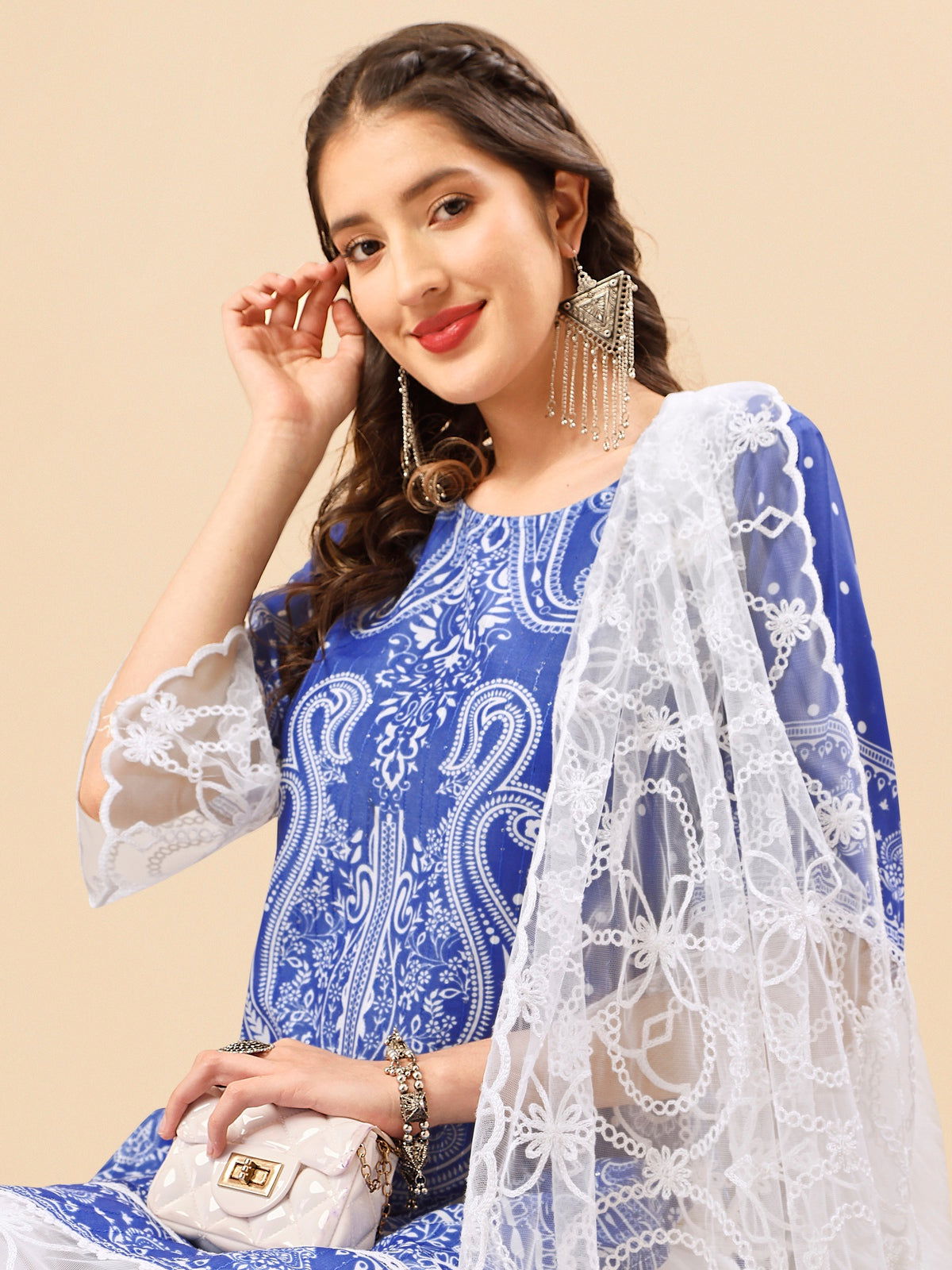 Youthnic - Silk Blend Print and sequence Kurta Palazzo and Dupatta Set