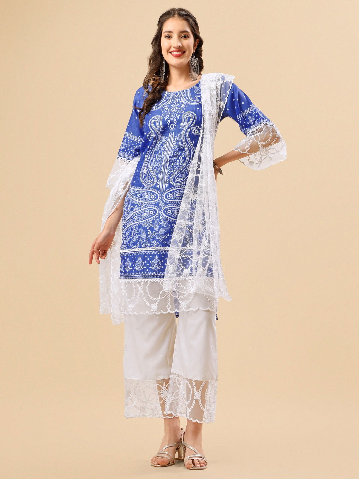 Youthnic - Silk Blend Print and sequence Kurta Palazzo and Dupatta Set