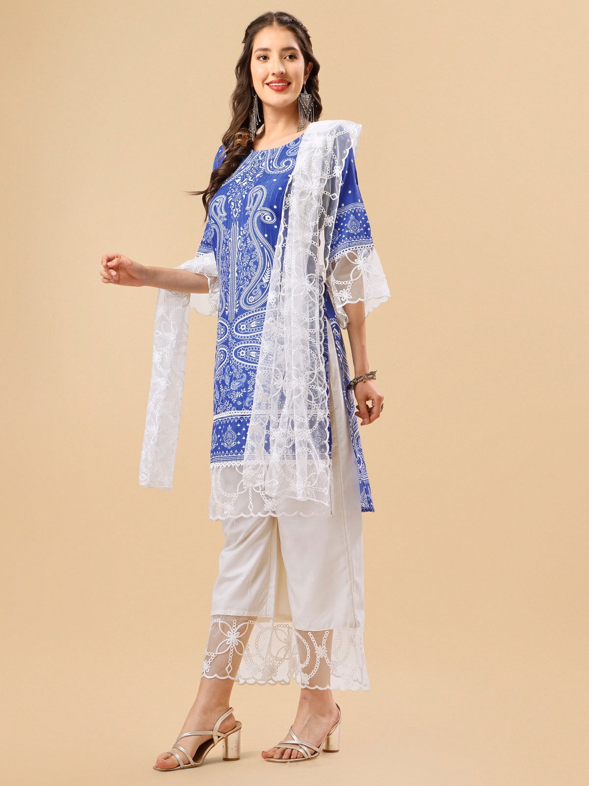 Youthnic - Silk Blend Print and sequence Kurta Palazzo and Dupatta Set