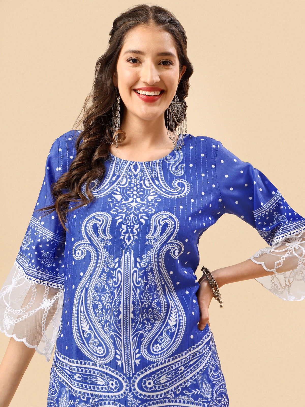 Youthnic - Silk Blend Print and sequence Kurta Palazzo and Dupatta Set