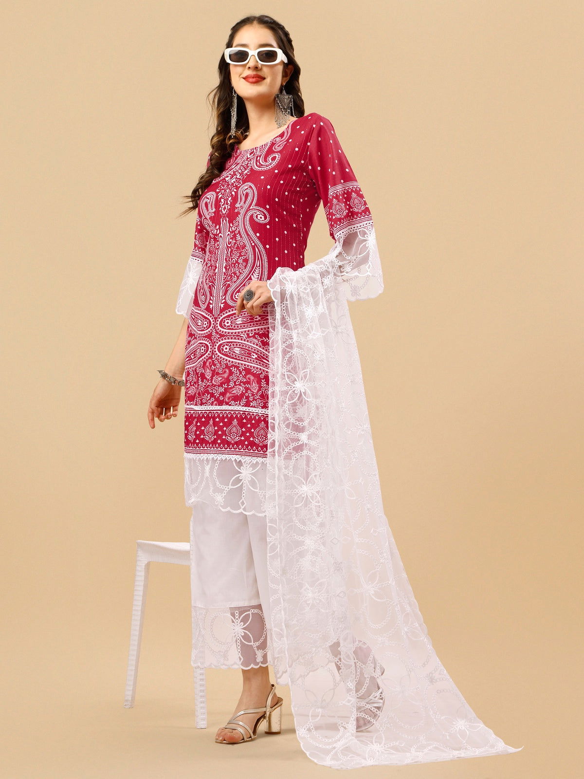 Youthnic - Silk Blend Print and sequence Kurta Palazzo and Dupatta Set