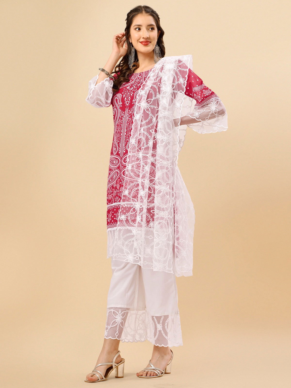 Youthnic - Silk Blend Print and sequence Kurta Palazzo and Dupatta Set