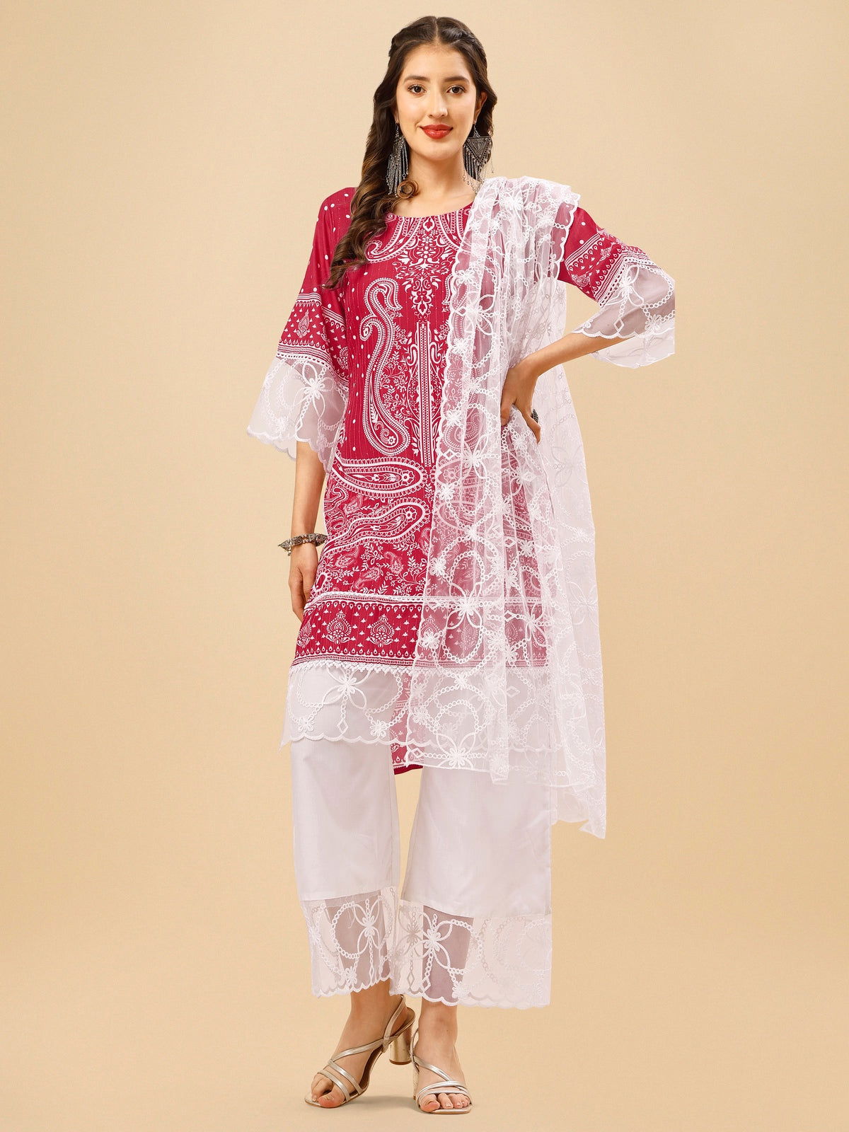 Youthnic - Silk Blend Print and sequence Kurta Palazzo and Dupatta Set