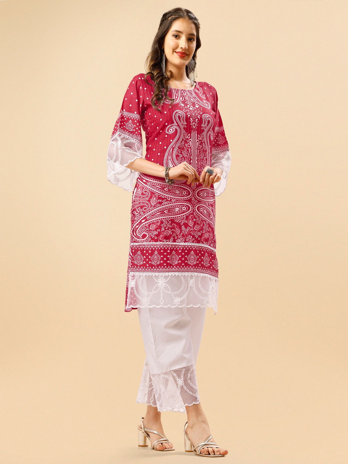Youthnic - Silk Blend Print and sequence Kurta Palazzo and Dupatta Set