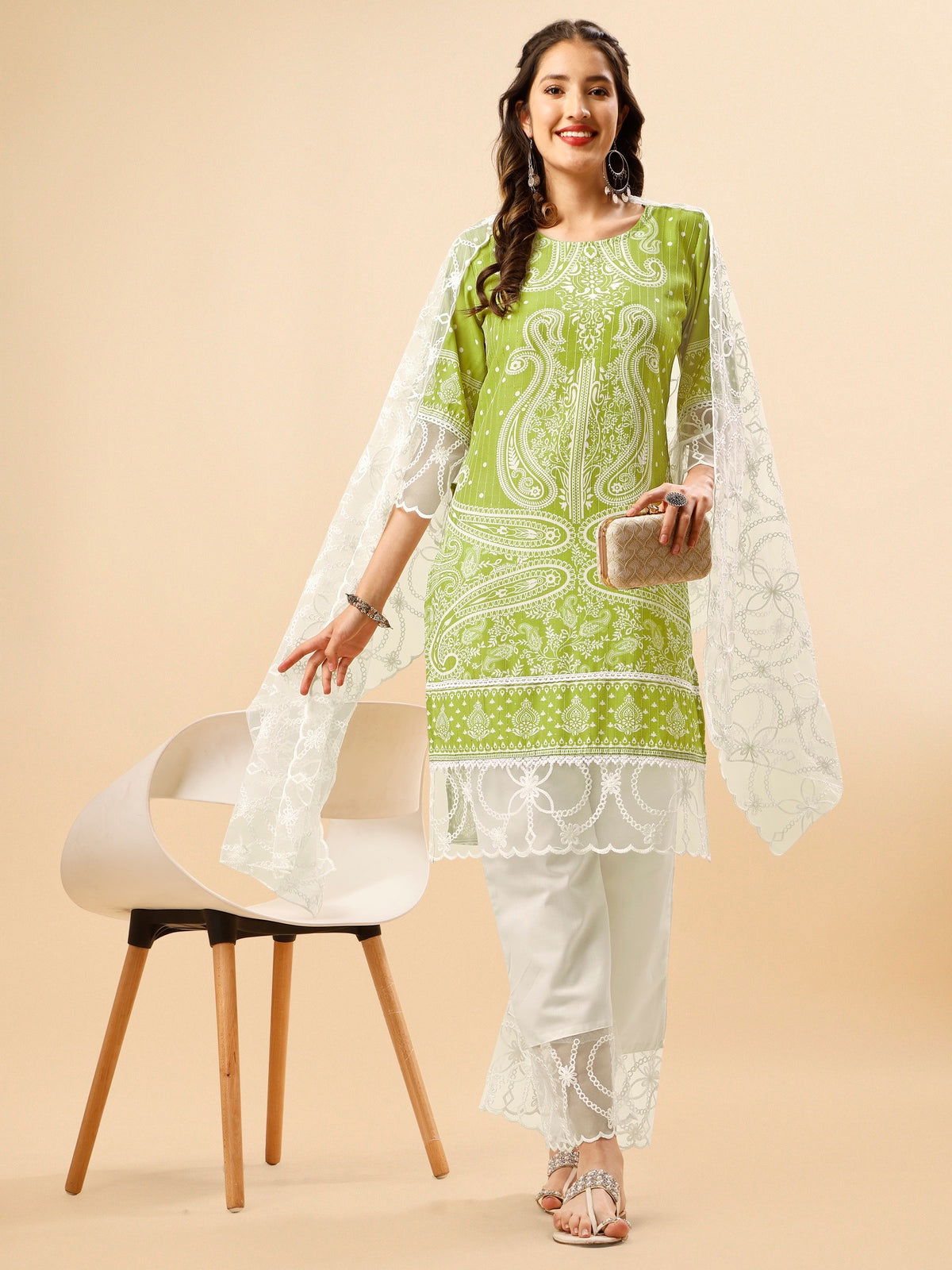 Youthnic - Silk Blend Print and sequence Kurta Palazzo and Dupatta Set