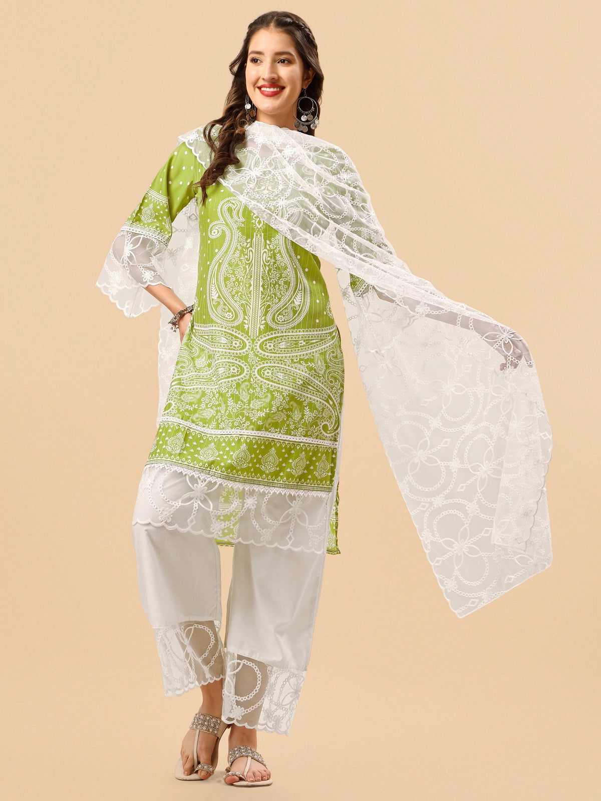 Youthnic - Silk Blend Print and sequence Kurta Palazzo and Dupatta Set