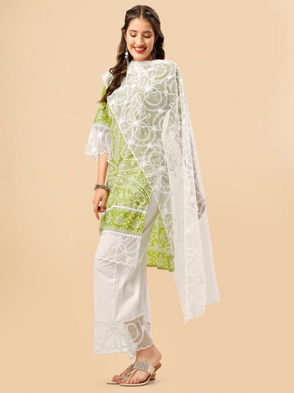 Youthnic - Silk Blend Print and sequence Kurta Palazzo and Dupatta Set
