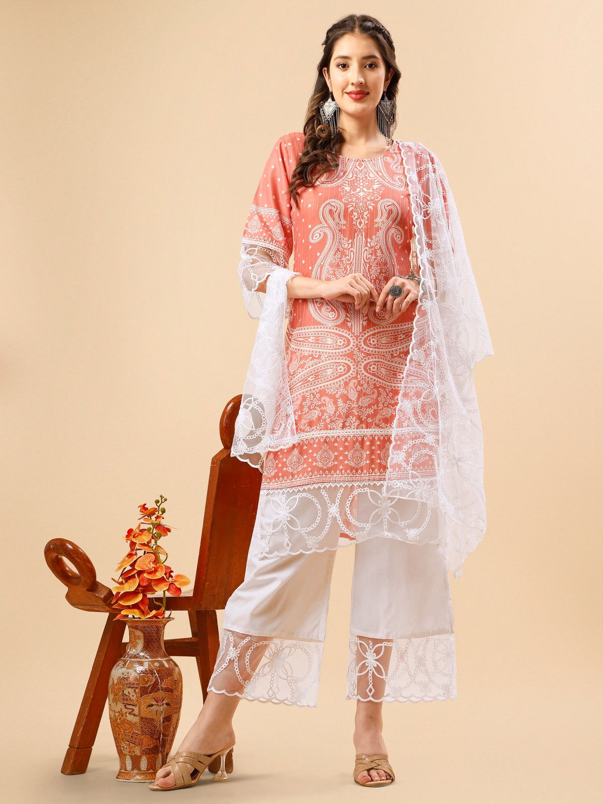 Youthnic - Silk Blend Print and sequence Kurta Palazzo and Dupatta Set