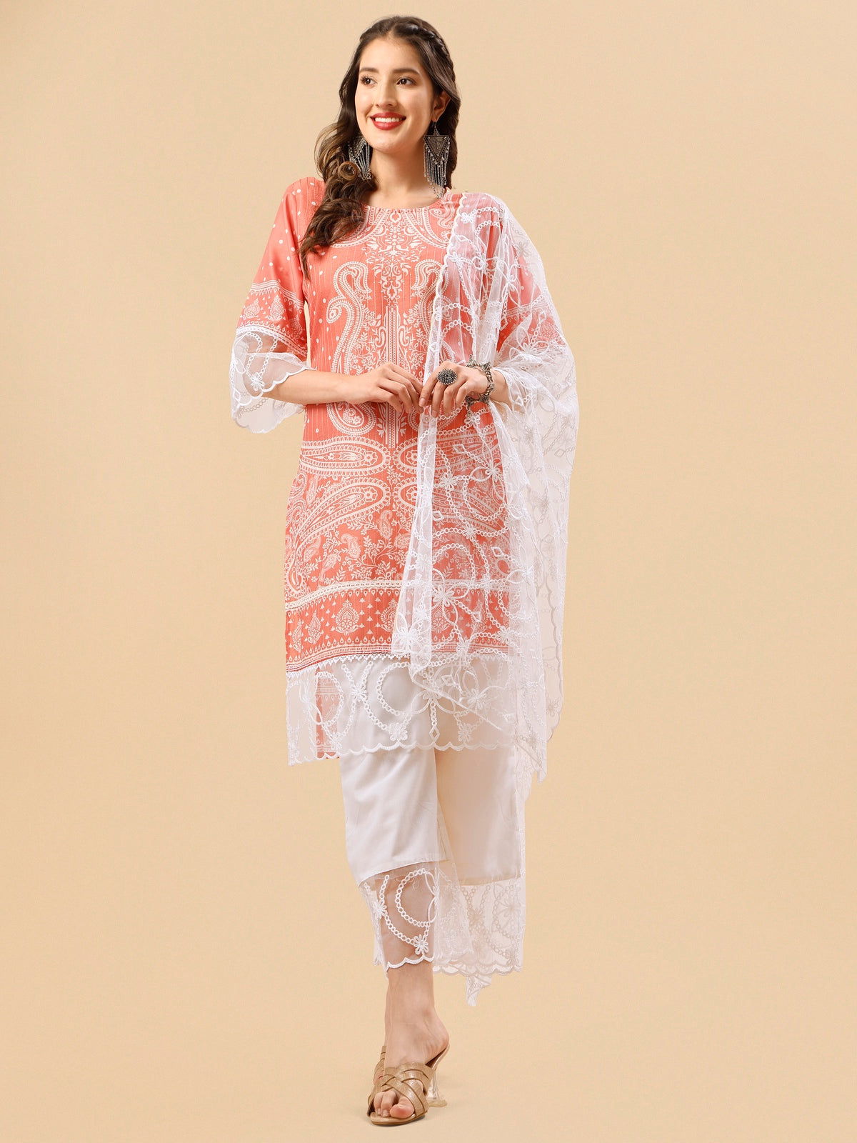 Youthnic - Silk Blend Print and sequence Kurta Palazzo and Dupatta Set