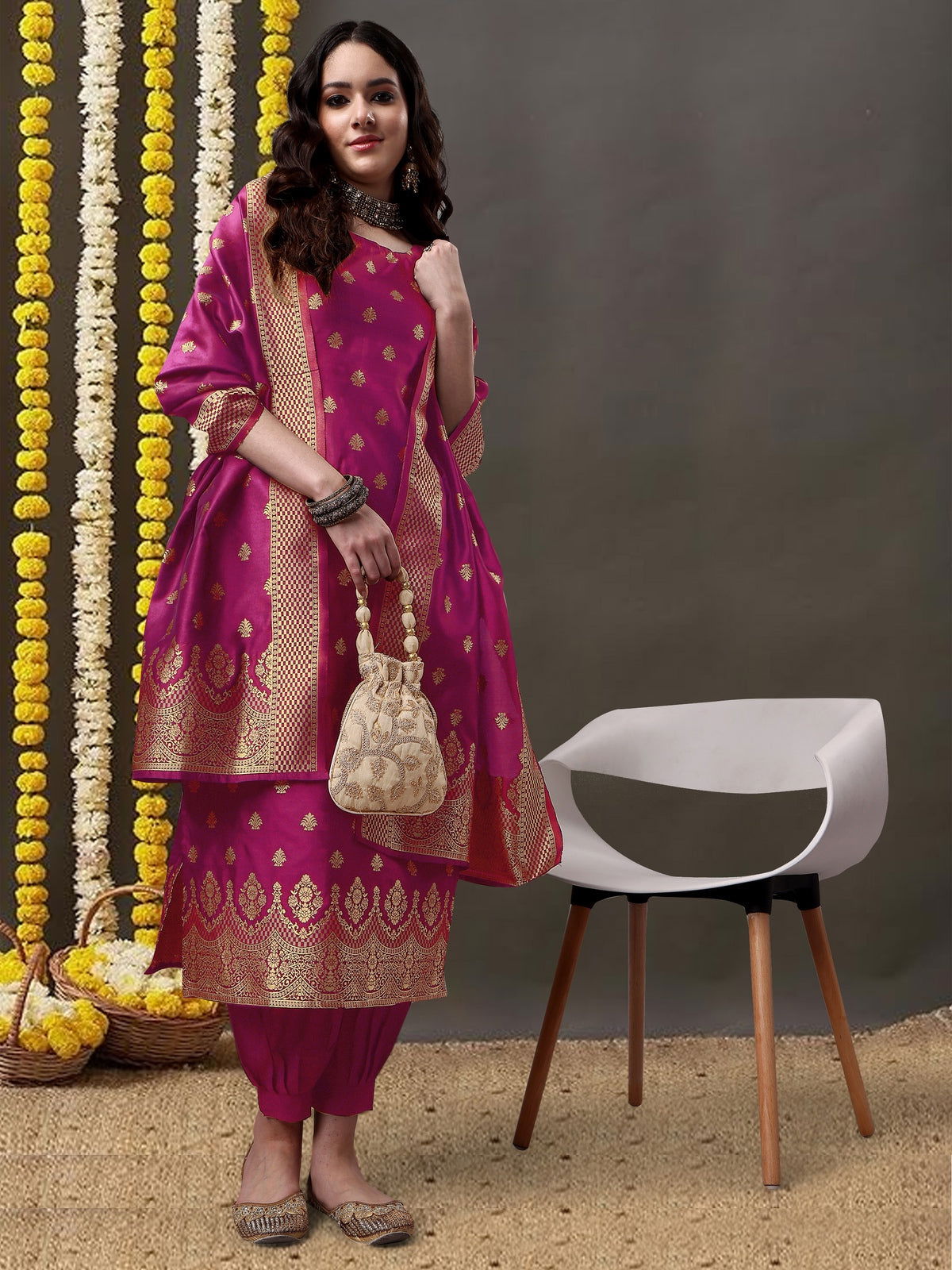 Youthnic - Silk Straight Kurta Salwar Pant With Banarasi Dupatta