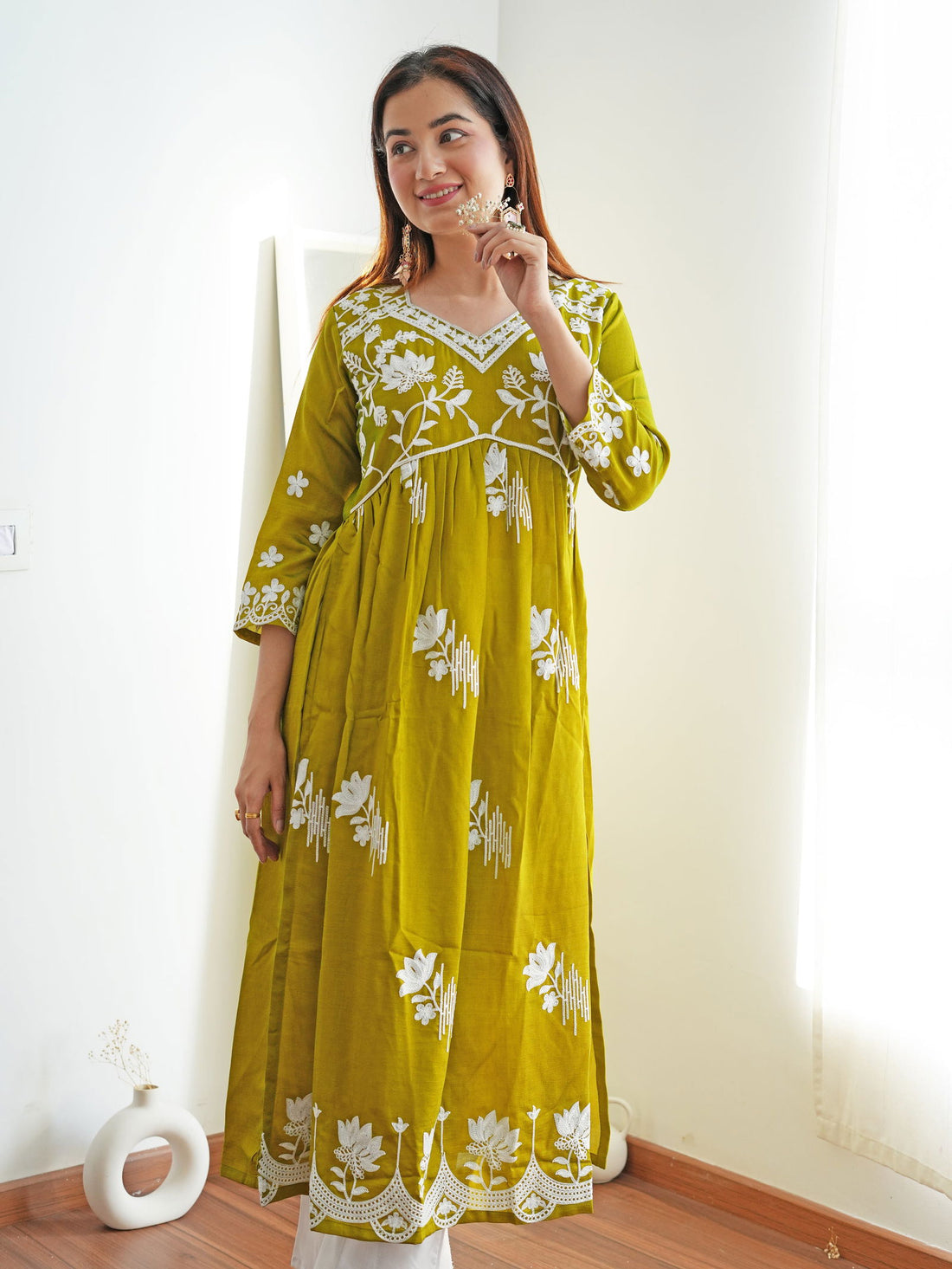 Youthnic - Vichitra Silk Chikankari Embroidered Naira Cut Kurta