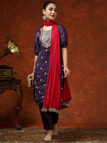 Youthnic - Vichitra Silk Embroidered Straight Kurta Pant With Dupatta