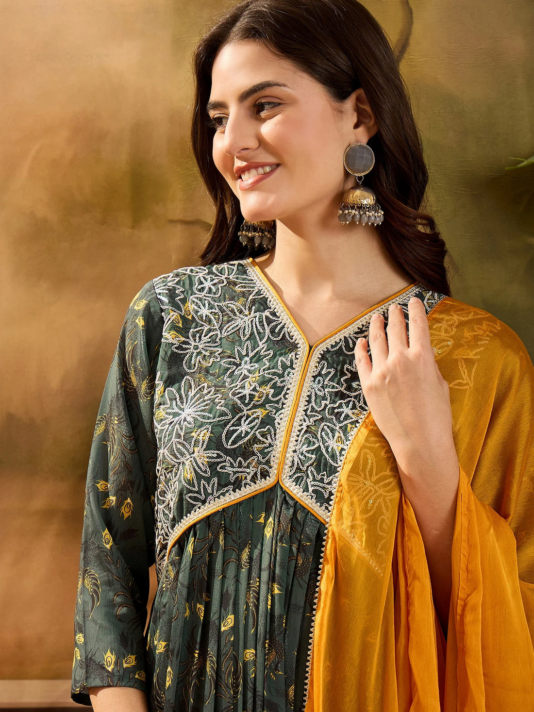 Green Chinon Floral Print and Yoke Embroidery Alia Cut Kurta Pant and Dupatta Set