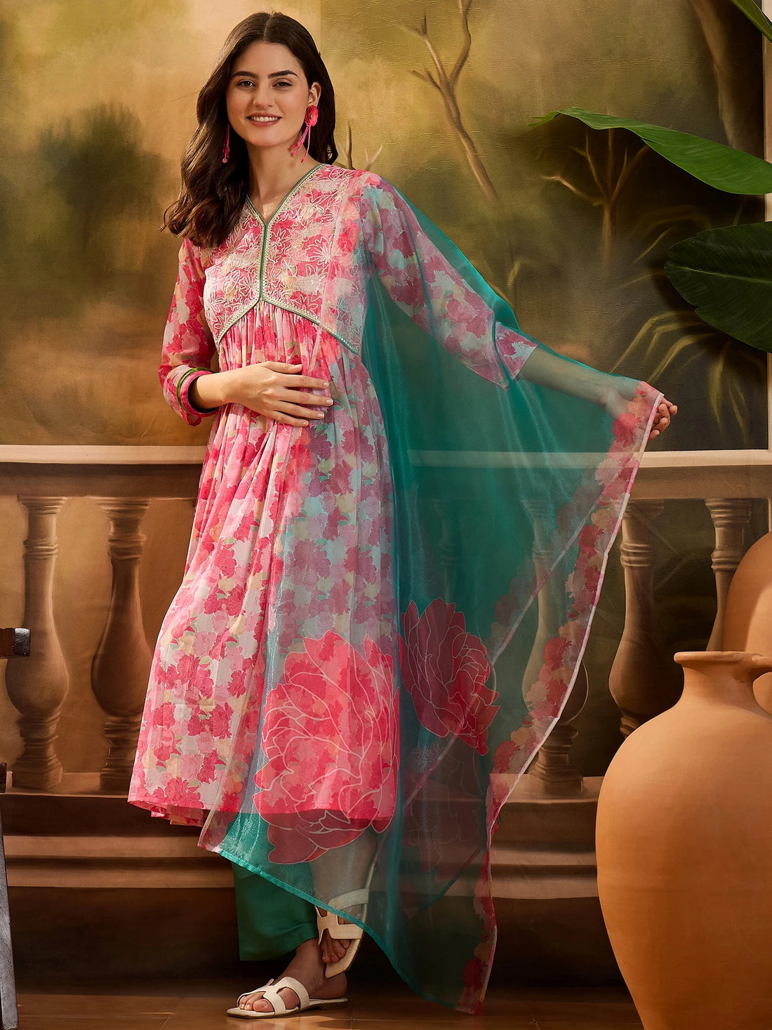Pink Chinon Floral Print and Yoke Embroidery Alia Cut Kurta Pant and Dupatta Set