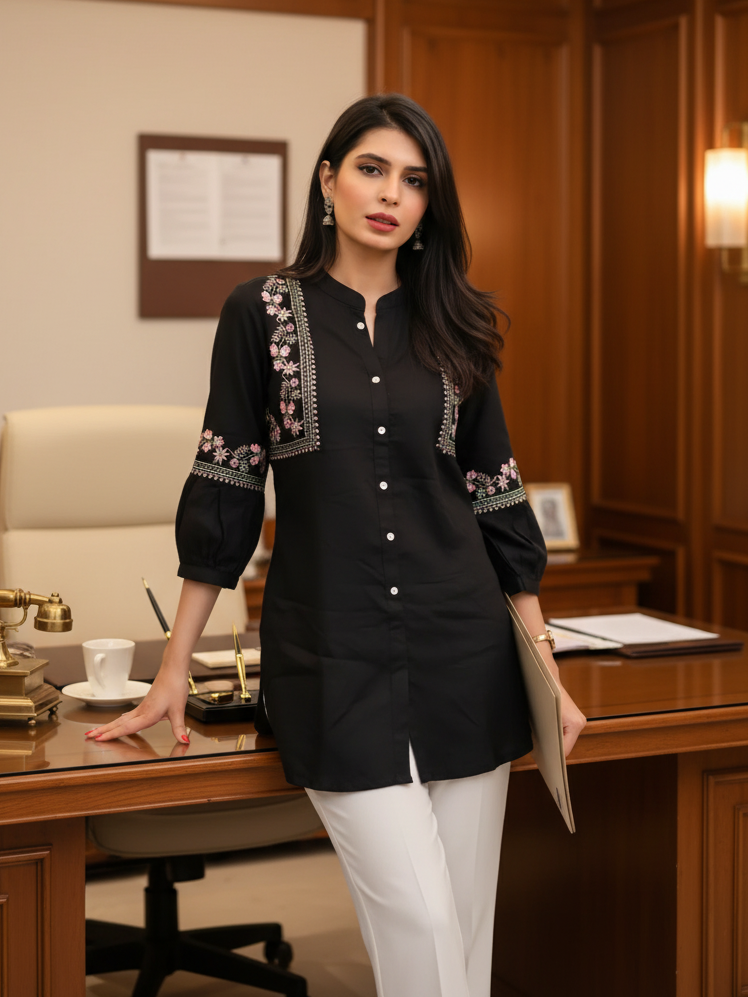 Black Viscose Rayon A-Line Summer Short Kurti