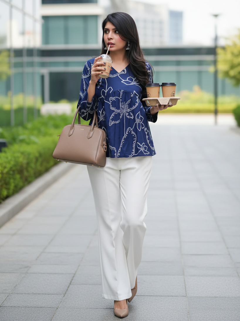 Navy Blue Cotton Blend Bandhani Print Alia Cut Peplum Top With Tassles and Kodi