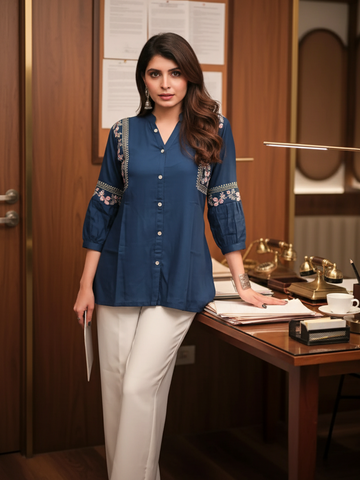 Teal Viscose Rayon Embroidered A-line Short Kurti