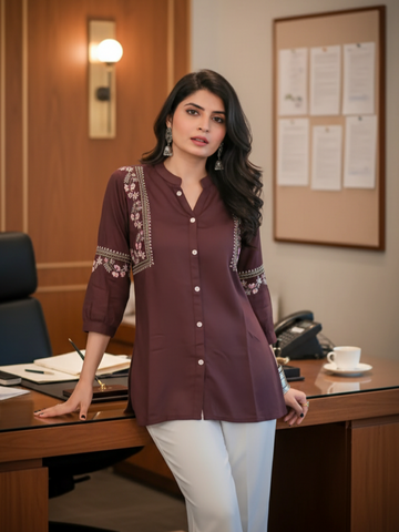 Brown Viscose Rayon Embroidered A-line Short Kurti