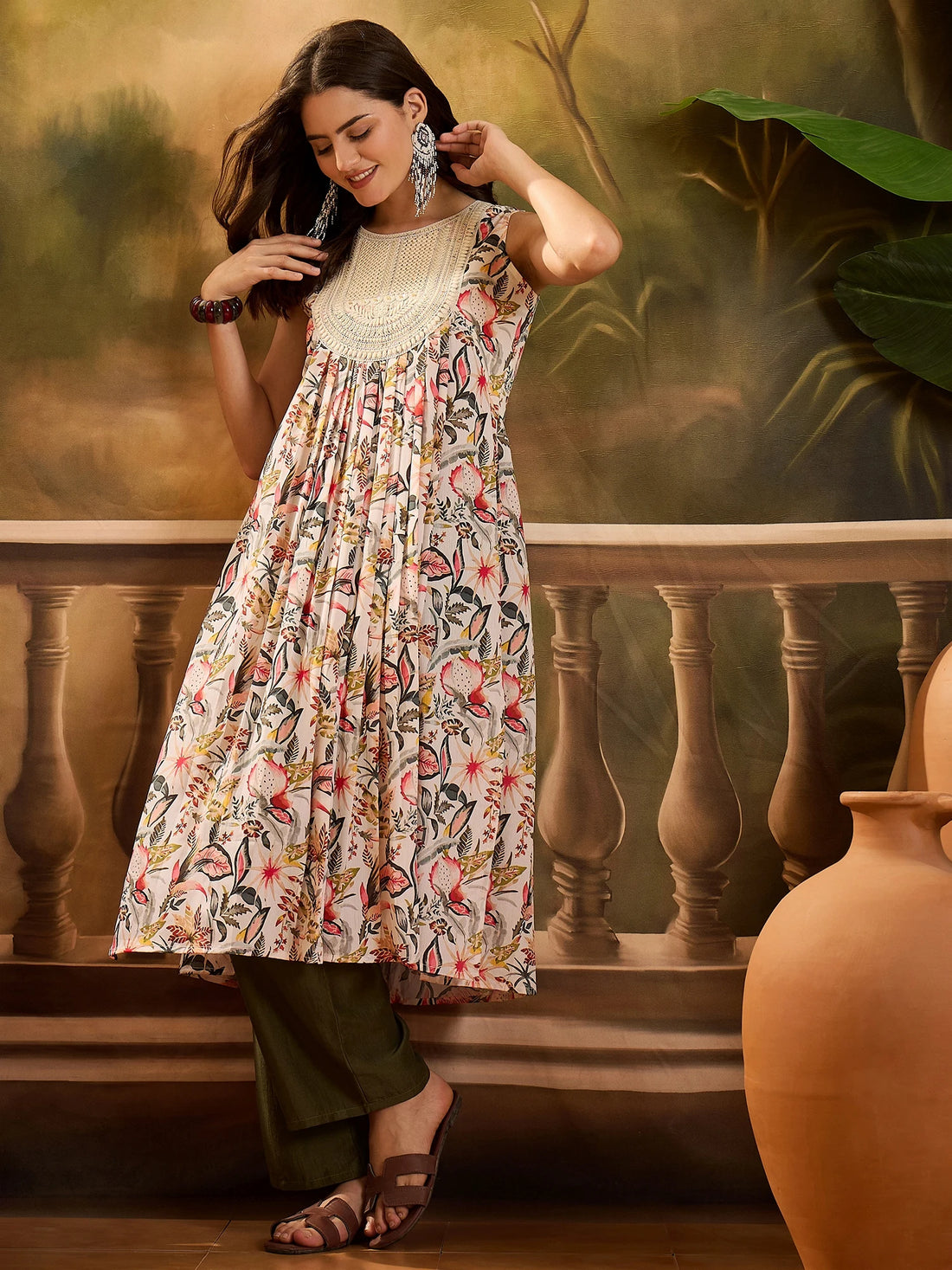 Beige Chinon Floral Print and Yoke Embroidery Flared Kurta