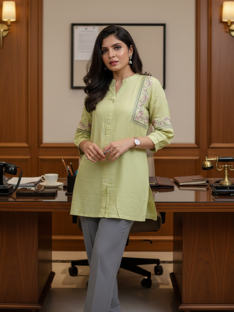 Rayon Embroidered Light Green Short A-Line Kurti
