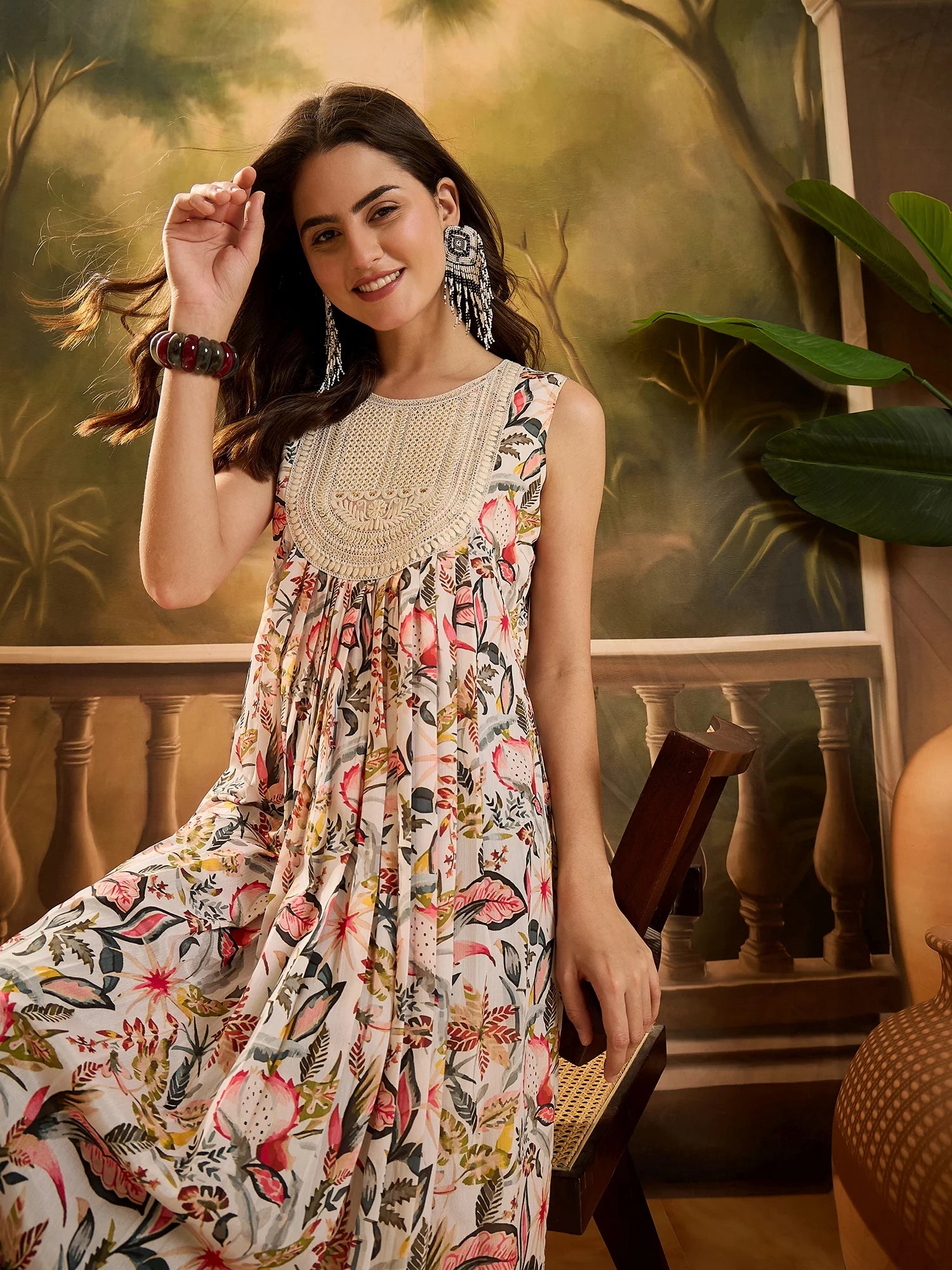 Beige Chinon Floral Print and Yoke Embroidery Flared Kurta