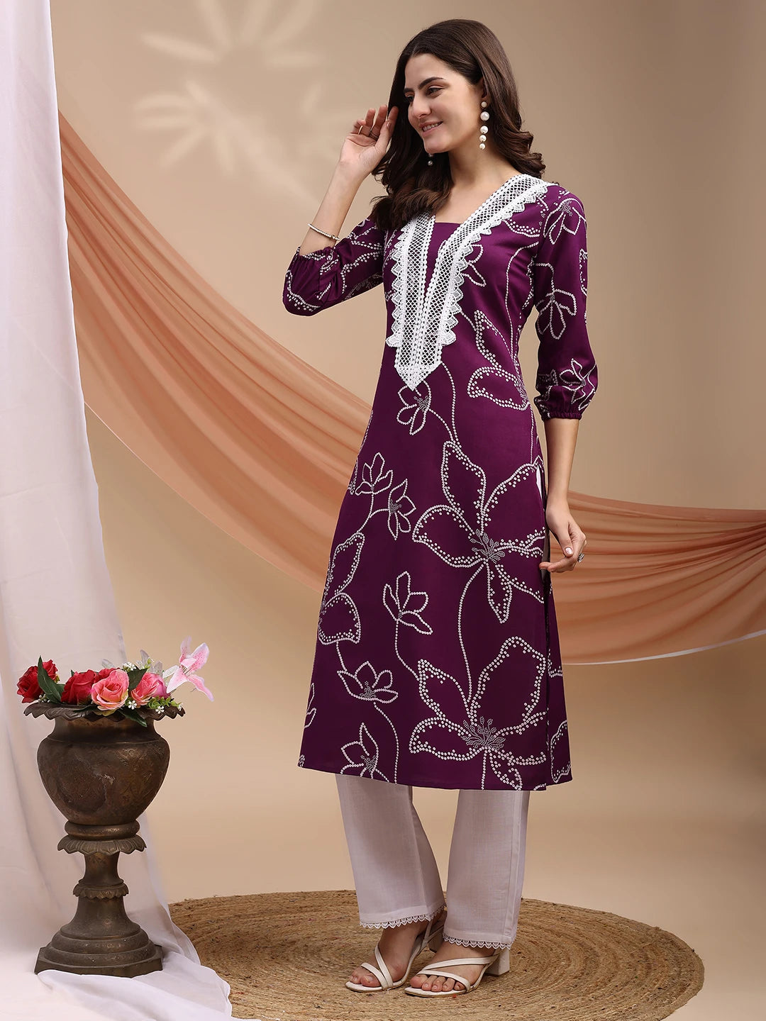 Wine Poly Rayon Printed Straight Kurta