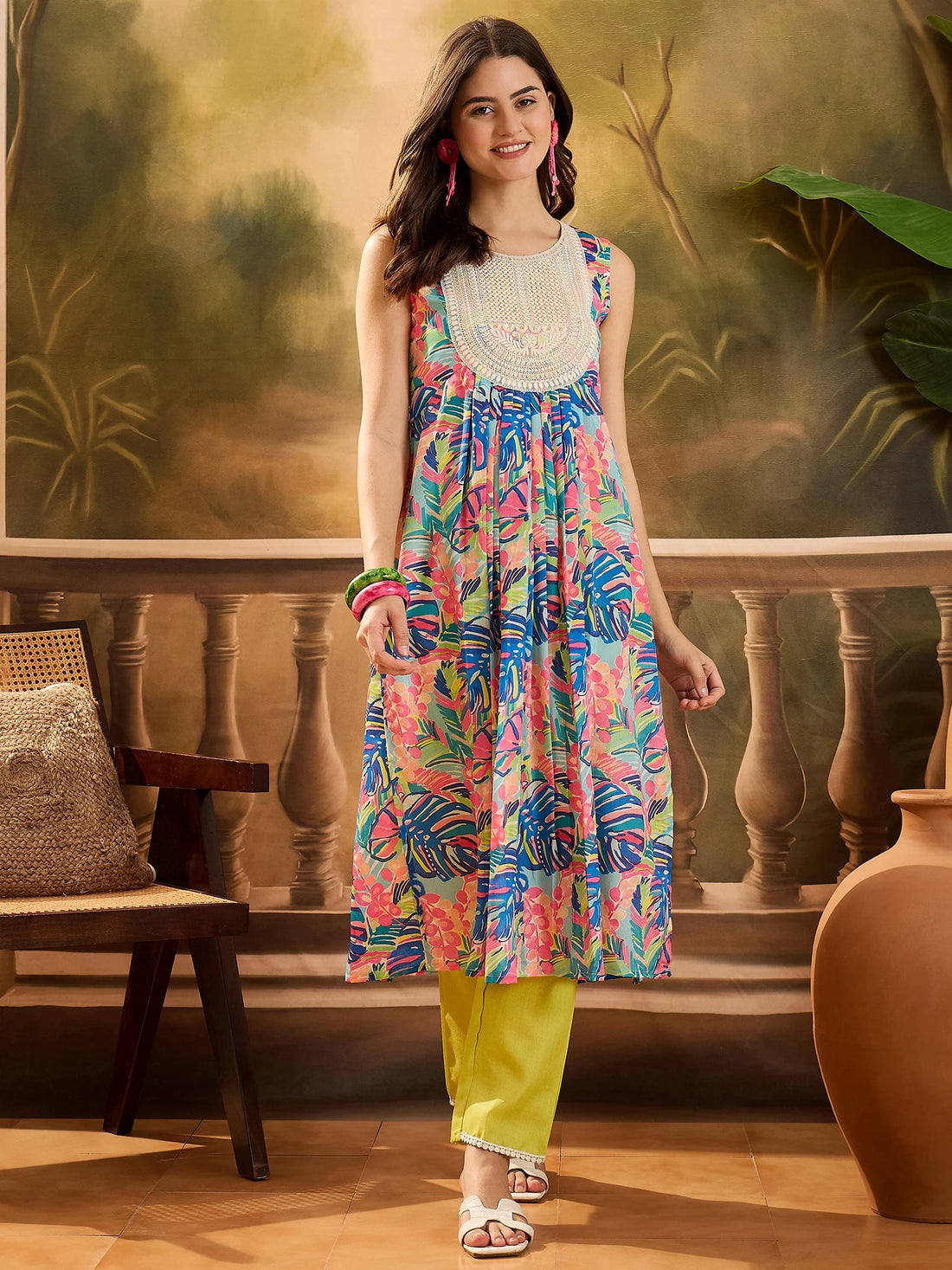 Blue Chinon Floral Print and Yoke Embroidery Flared Kurta