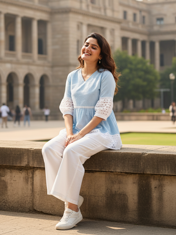 Light Blue Cotton Blend Striped Work A-line Top