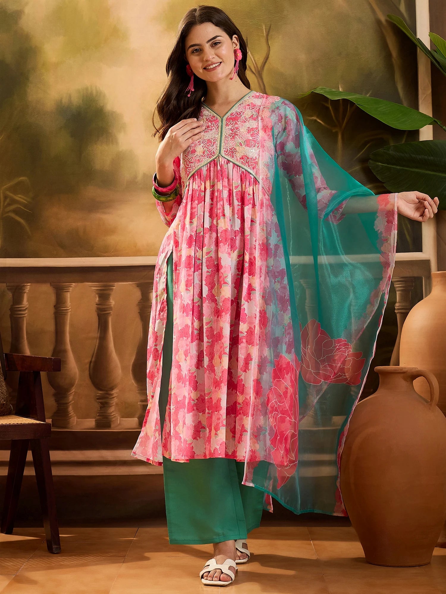 Pink Chinon Floral Print and Yoke Embroidery Alia Cut Kurta Pant and Dupatta Set