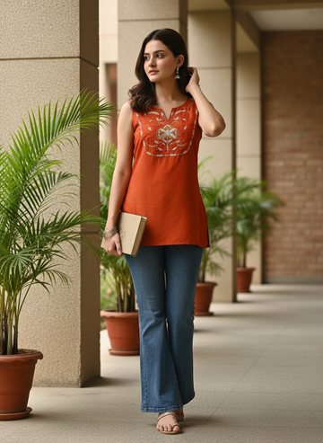 Orange Chinon Yoke Embroidery Shoulder Strap Short Kurti
