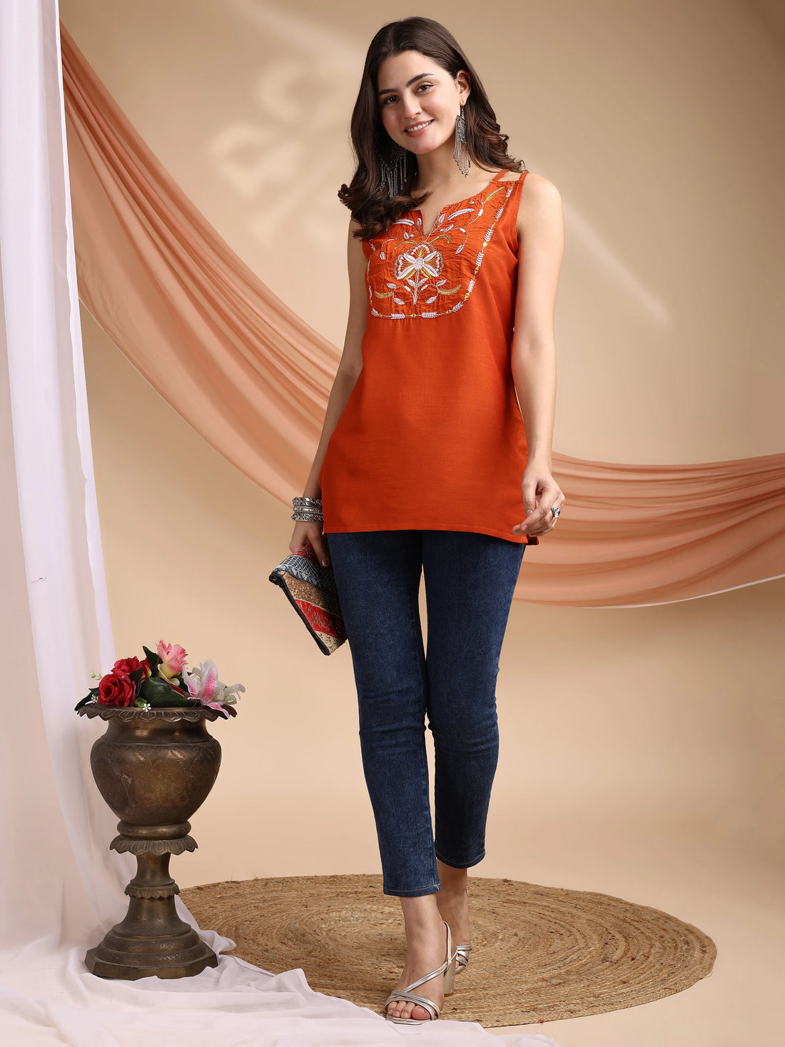 Orange Chinon Yoke Embroidery Shoulder Strap Short Kurti