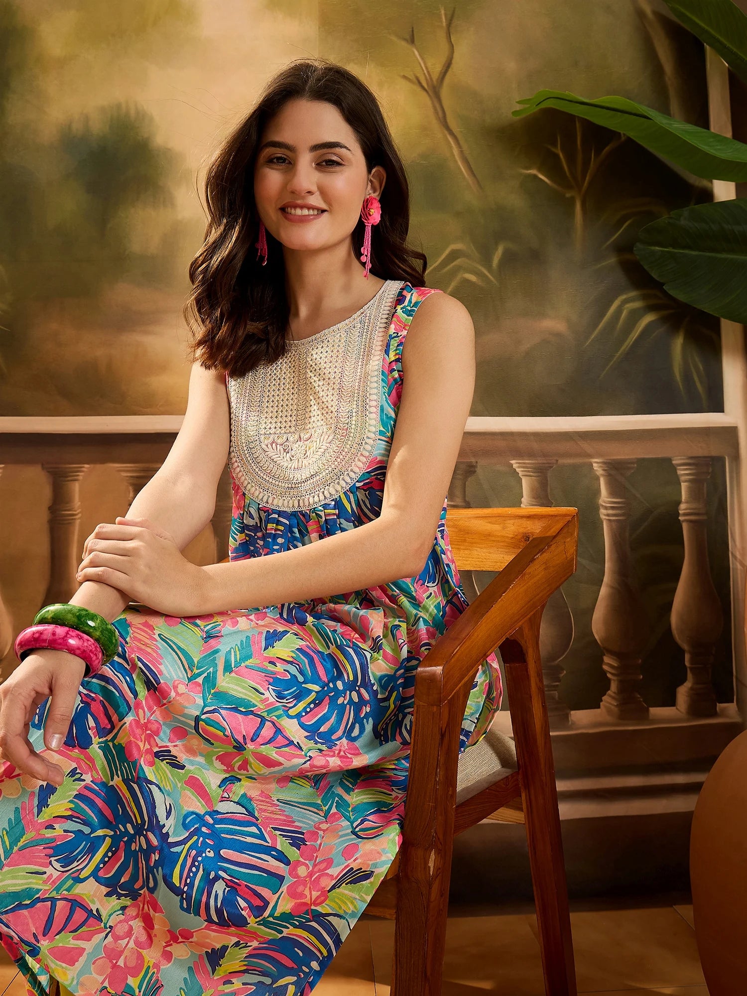 Blue Chinon Floral Print and Yoke Embroidery Flared Kurta