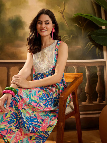 Blue Chinon Floral Print and Yoke Embroidery Flared Kurta