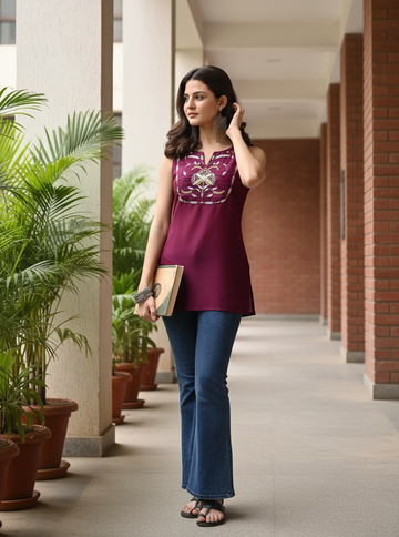Wine Chinon Yoke Embroidery Shoulder Strap Short Kurti