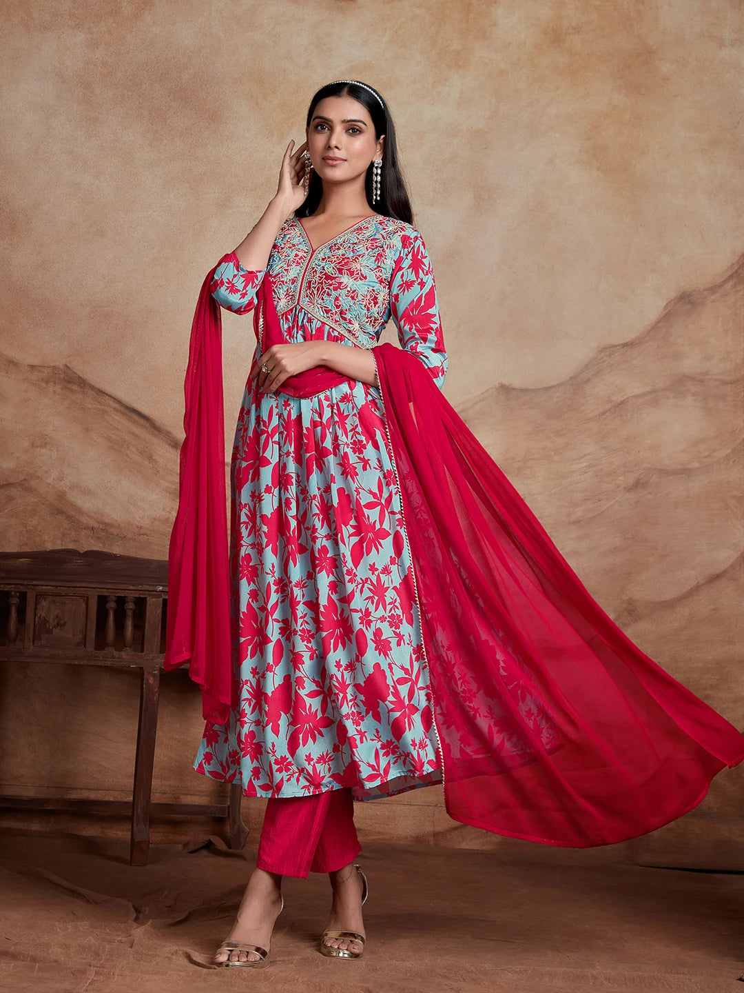 Sky Blue Chinon Floral Print and Yoke Embroidery Alia Cut Kurta Pant and Dupatta Set