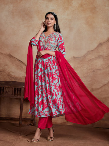 Sky Blue Chinon Floral Print and Yoke Embroidery Alia Cut Kurta Pant and Dupatta Set
