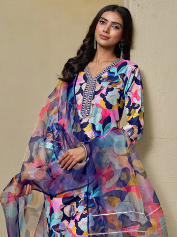 Navy Blue Viscose Rayon Printed Kurta Pant with Organza Dupatta