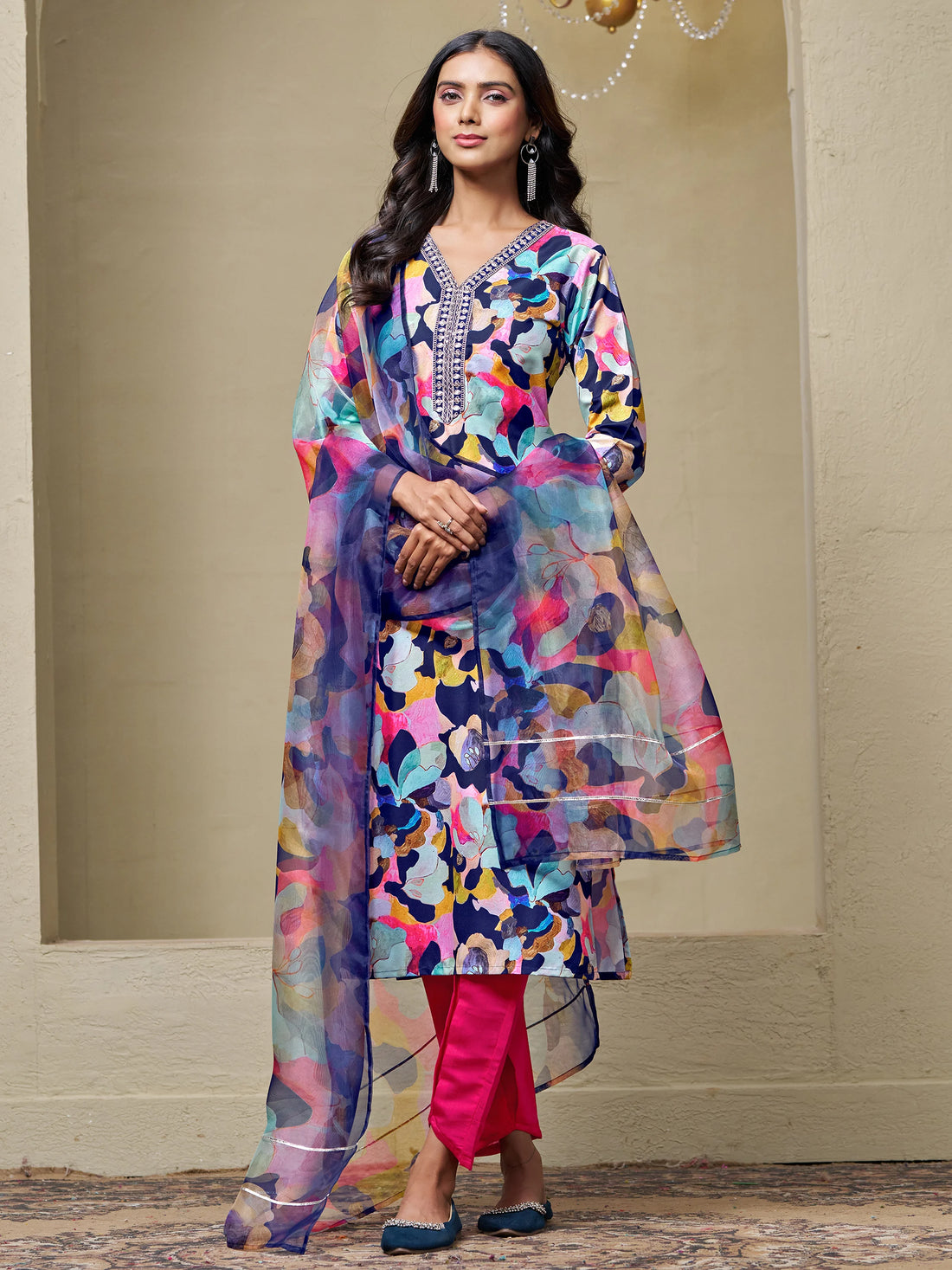 Navy Blue Viscose Rayon Printed Kurta Pant with Organza Dupatta