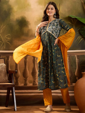 Green Chinon Floral Print and Yoke Embroidery Alia Cut Kurta Pant and Dupatta Set